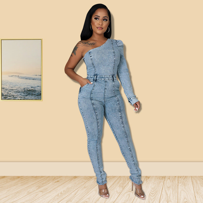 One Shoulder Denim Bodycon Jumpsuit